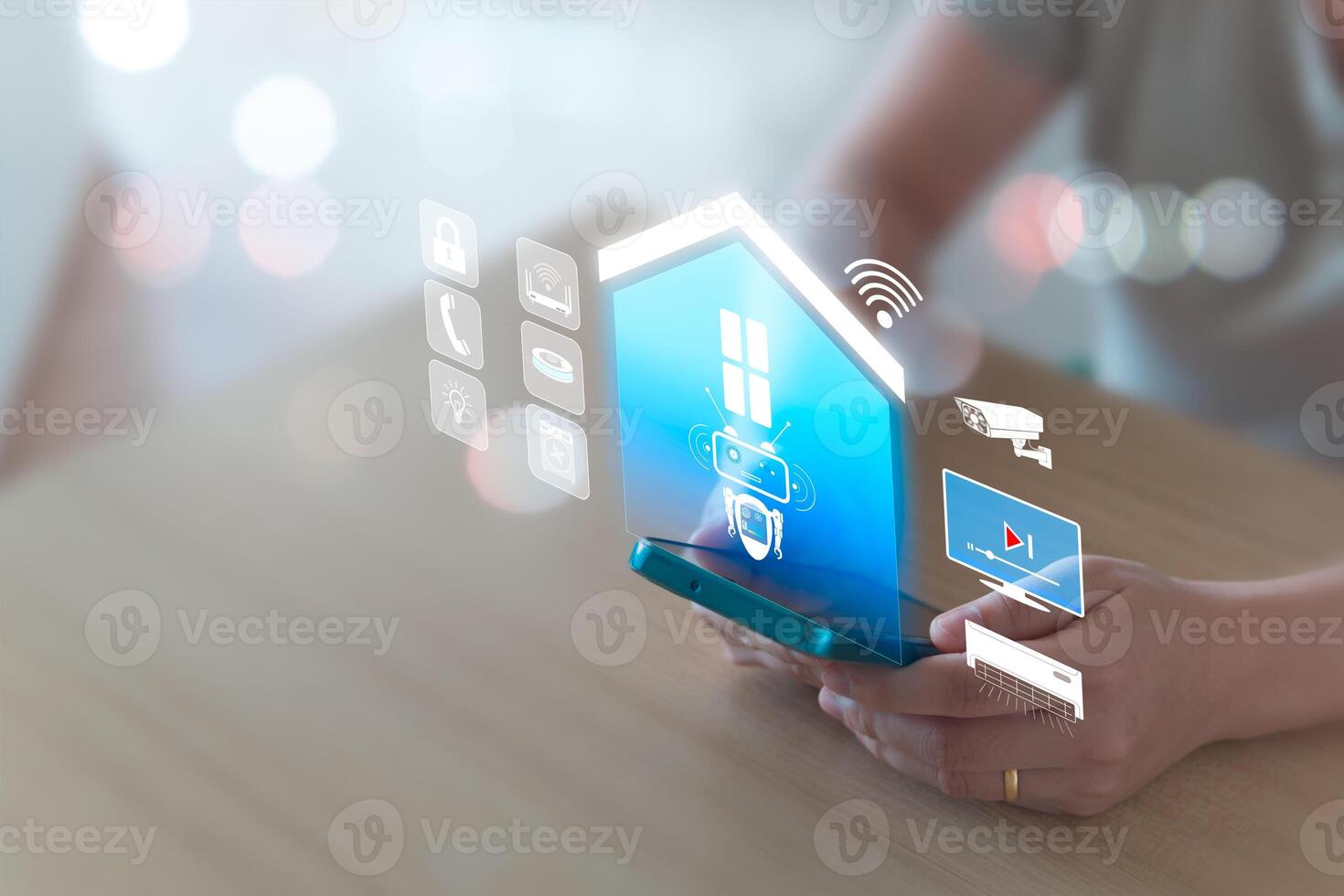 Smart home concept, remote control via mobile phone, Wi-Fi, AI assistant robot to control appliances and protect all connected systems in the home intelligently. Women use mobile phones to control. photo