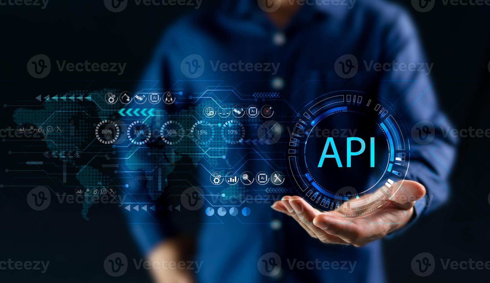 The API concept is an interface between today's advanced technology systems, exchanging large amounts of data, and communicating with software systems. photo
