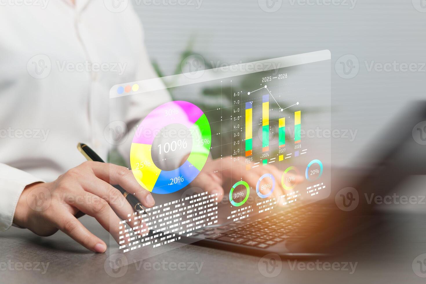 A woman analyzes charts and graphs in strategic business and finance investments, predicts market fluctuations using artificial intelligence technology coupled with processing to help summarize data. photo