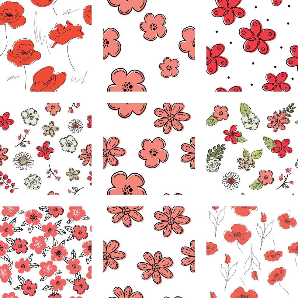A set of simple floral seamless patterns. A collection of hand-drawn pink and red poppies. vector