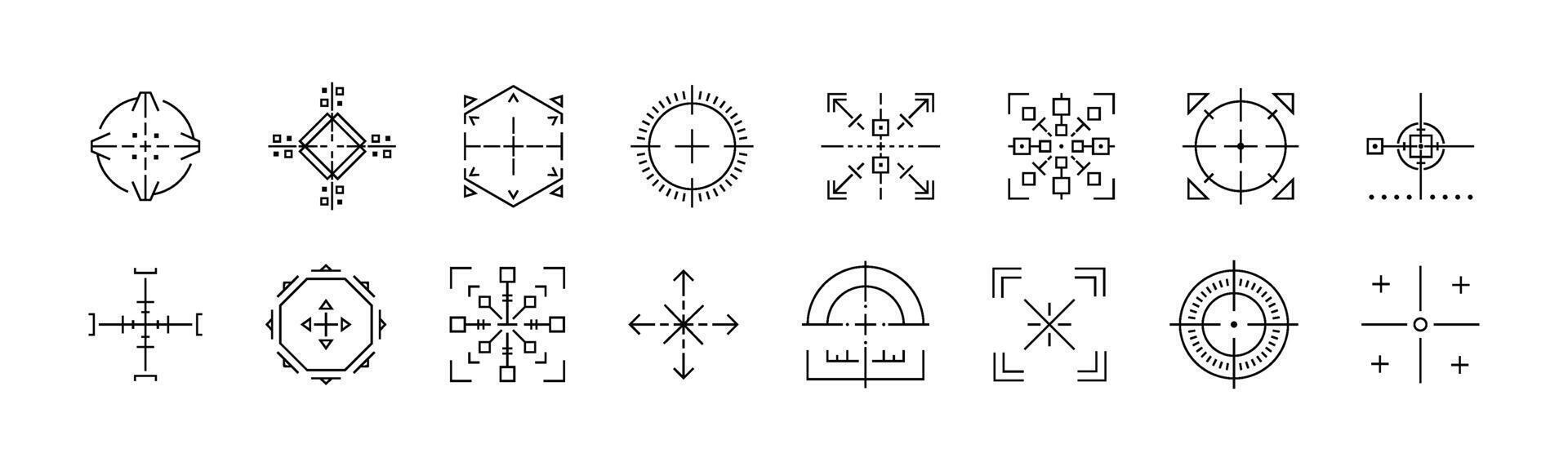 Varied crosshair shapes set. Collection of distinct target aim and focus icons. reticles for game development security systems and high targeting precision. Icon . vector