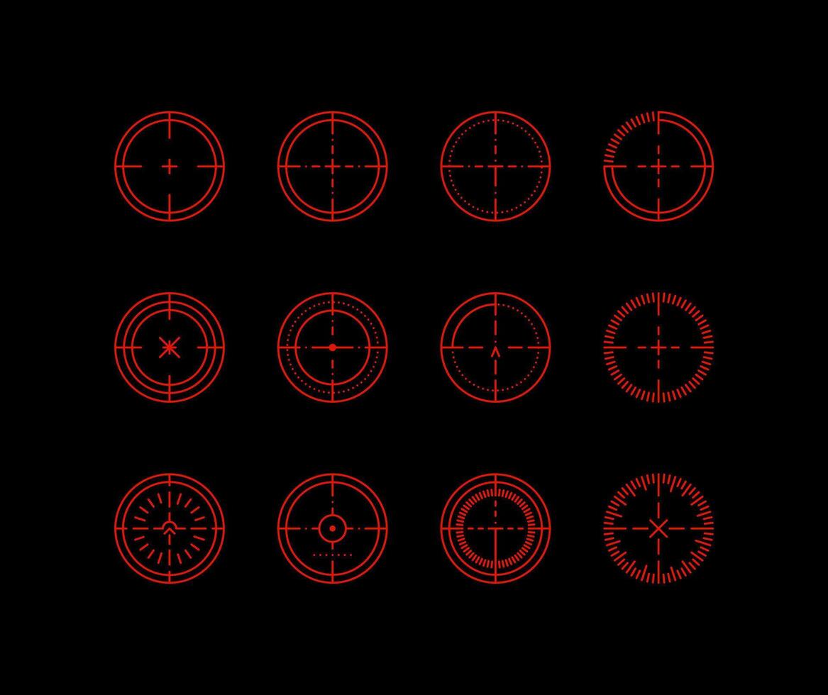 Red crosshair target icon set. Futuristic target crosshair . Aim gun shooting game UI military sight and effective targeting. Isolated symbols collection. vector