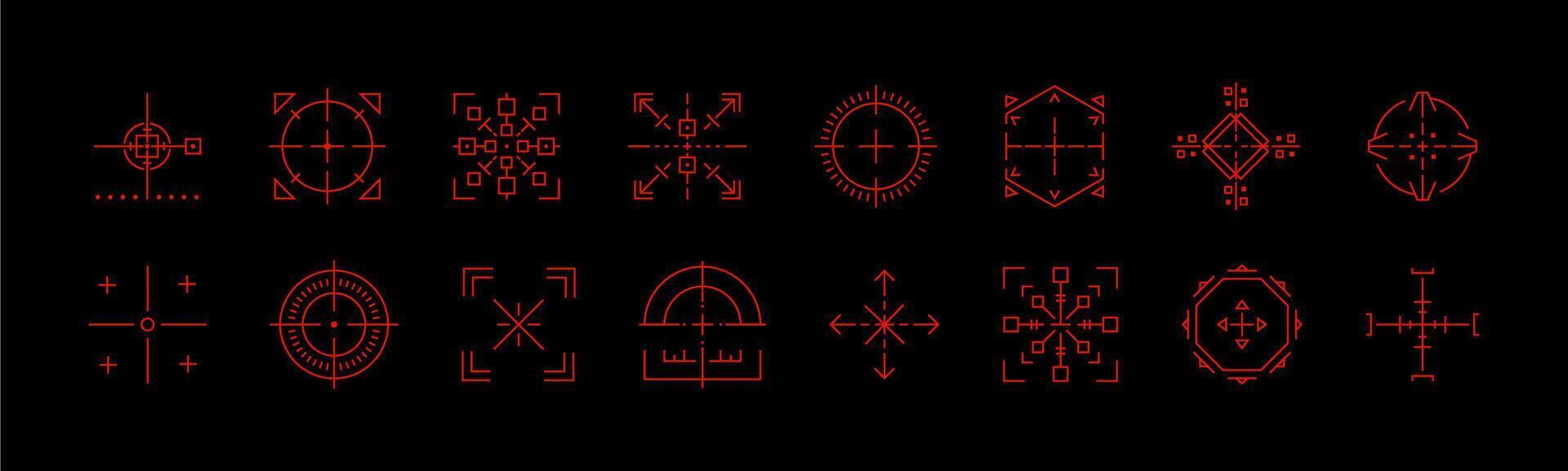 Varied red crosshair shapes set. Collection of distinct target aim and focus icons. reticles for game development security systems and high targeting precision. Icon . vector