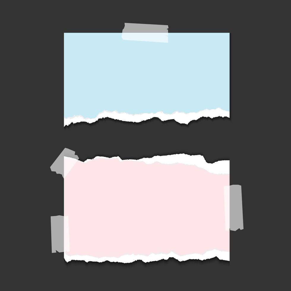 Torn blue and pink papers and tapes with space for text or image isolated on dark background, paper sheet with ripped edges. vector