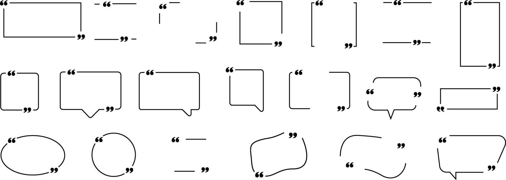 Set of creative quote box frames with black line speech marks for text, comments, remarks, and citation design. vector