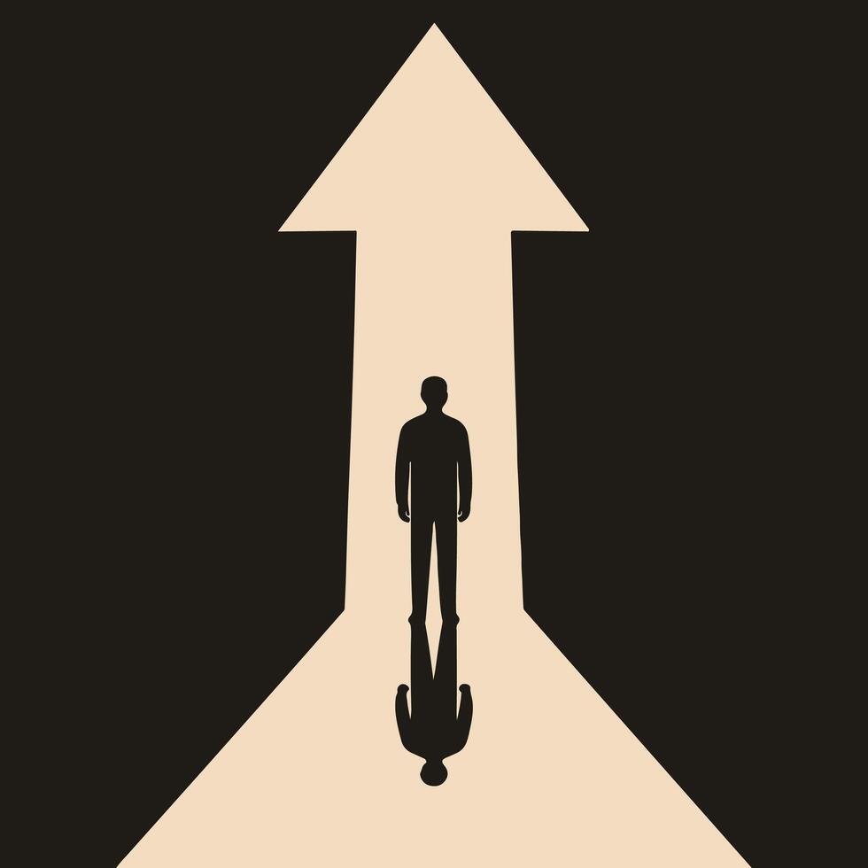 Silhouette of a Man Standing in a Liminal Space on a Path Shaped Like a Giant Upward Arrow vector