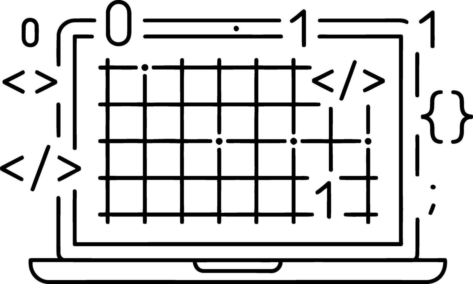 Line art illustration of a laptop screen featuring a data grid and programming symbols. Depicts digital data management, software development, and efficient analytical processes vector