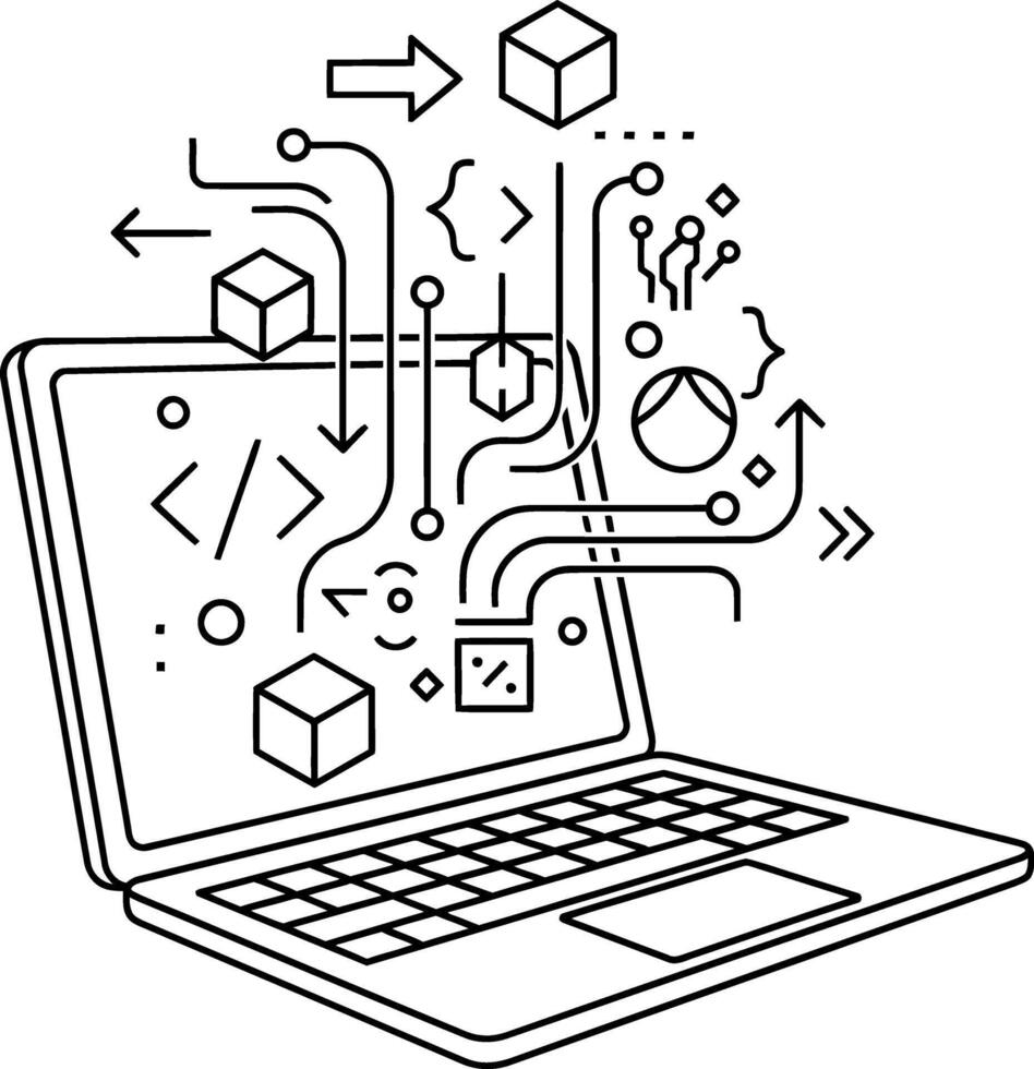resumen línea Arte de un ordenador portátil con dinámica software desarrollo, programación, y datos fluir elementos, simbolizando digital innovación y tecnológico Progreso vector
