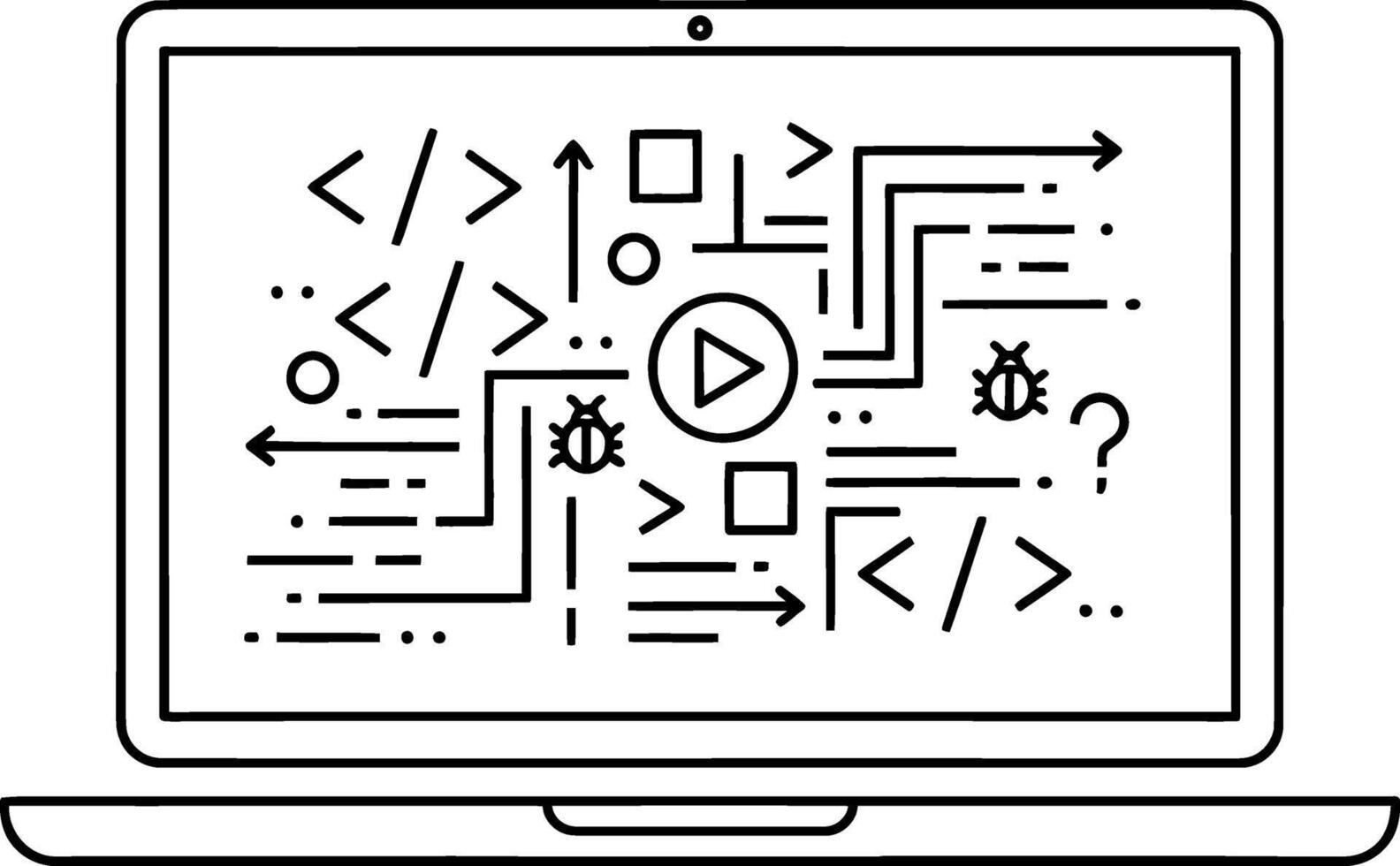 resumen ilustración de software desarrollo en un computadora portátil, demostración codificación, depuración, y datos fluir con interconectado resumen símbolos representando digital procesos vector
