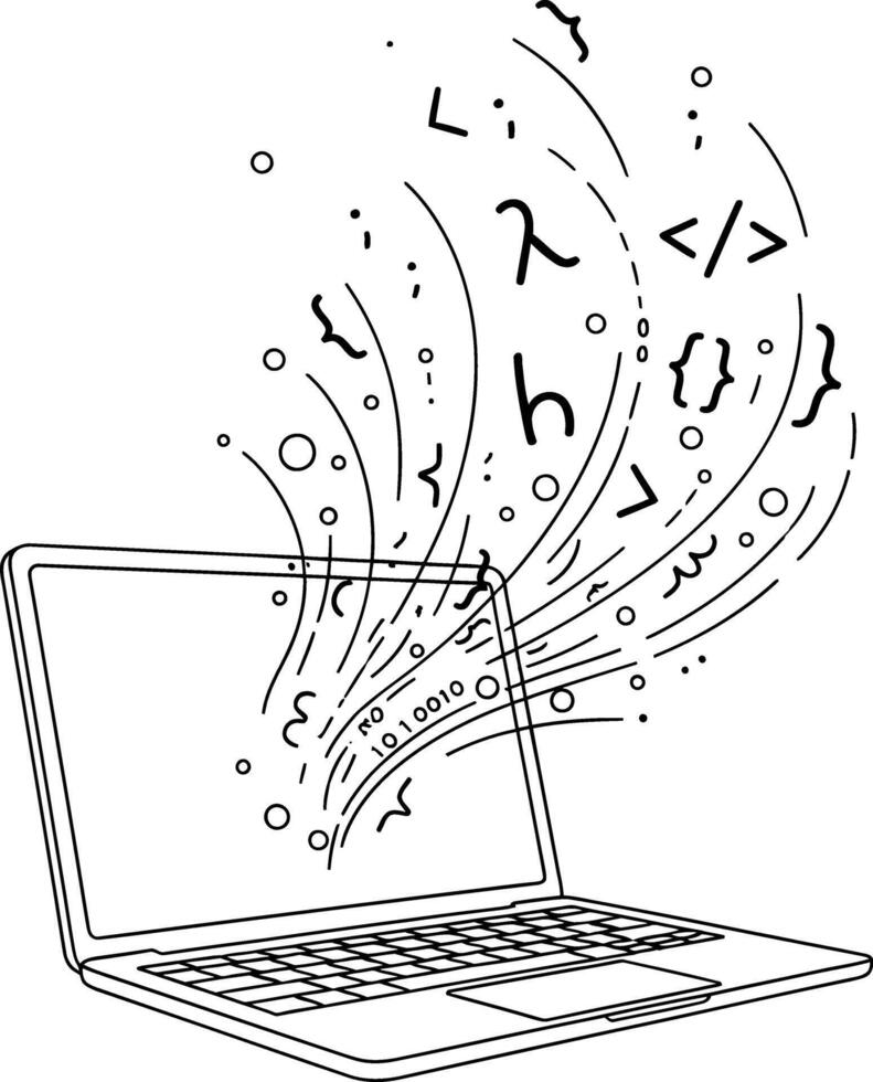 Laptop emitting programming code and digital symbols, abstractly illustrating software development, data flow, and technological concepts within a dynamic computing environment vector