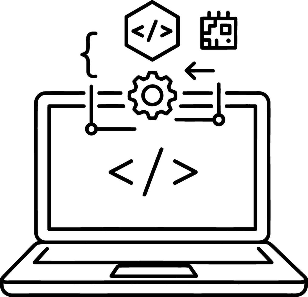 Line art illustration of software development, showcasing programming concepts, coding elements, tech processes on a laptop, symbolizing digital innovation vector