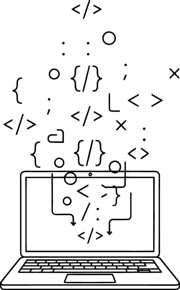 visualizante complejo programación idiomas y datos corrientes entrando un personal computadora, simbolizando innovación en tecnología y web desarrollo mediante un resumen línea Arte ilustración vector