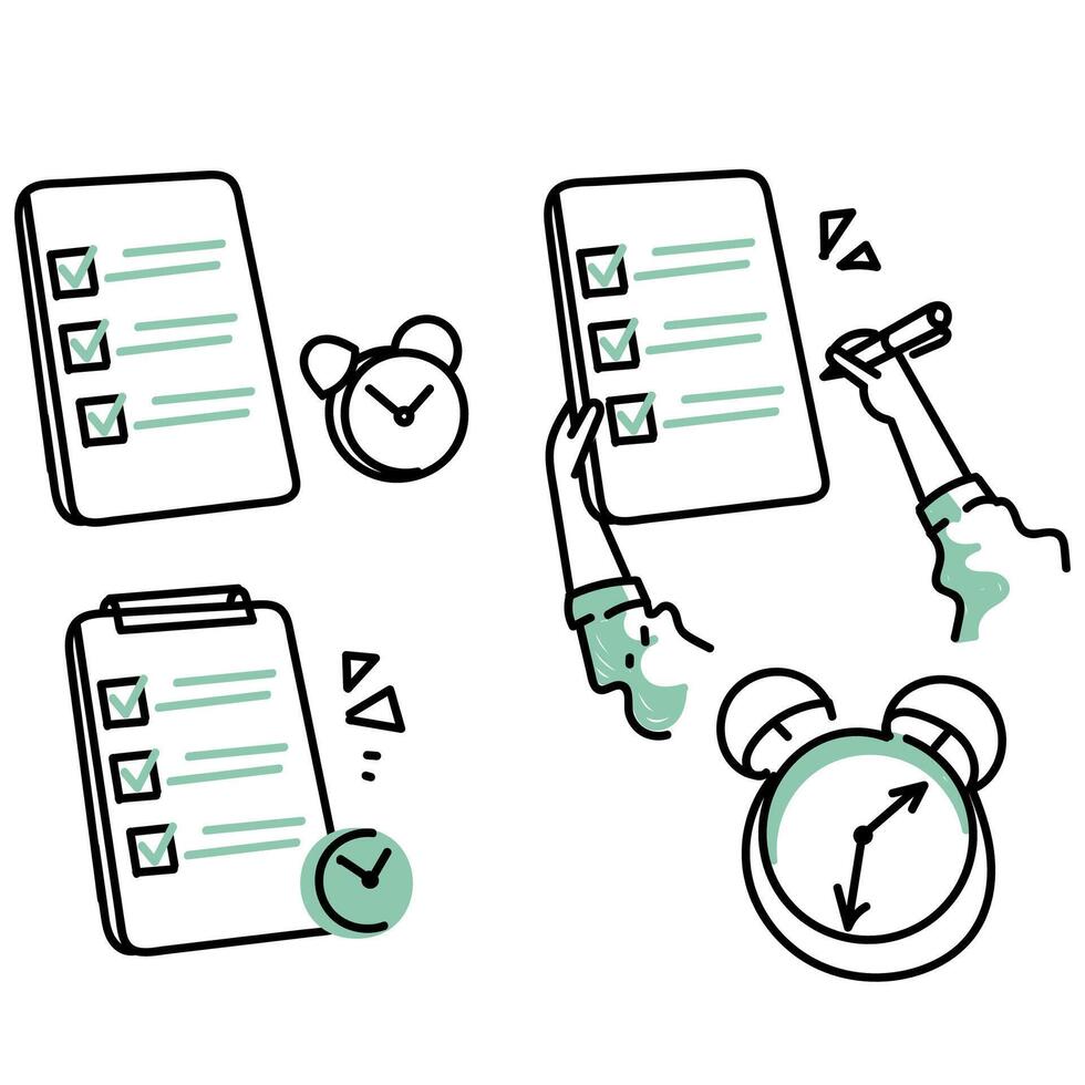 a set of icons depicting a checklist, clock, and pen vector