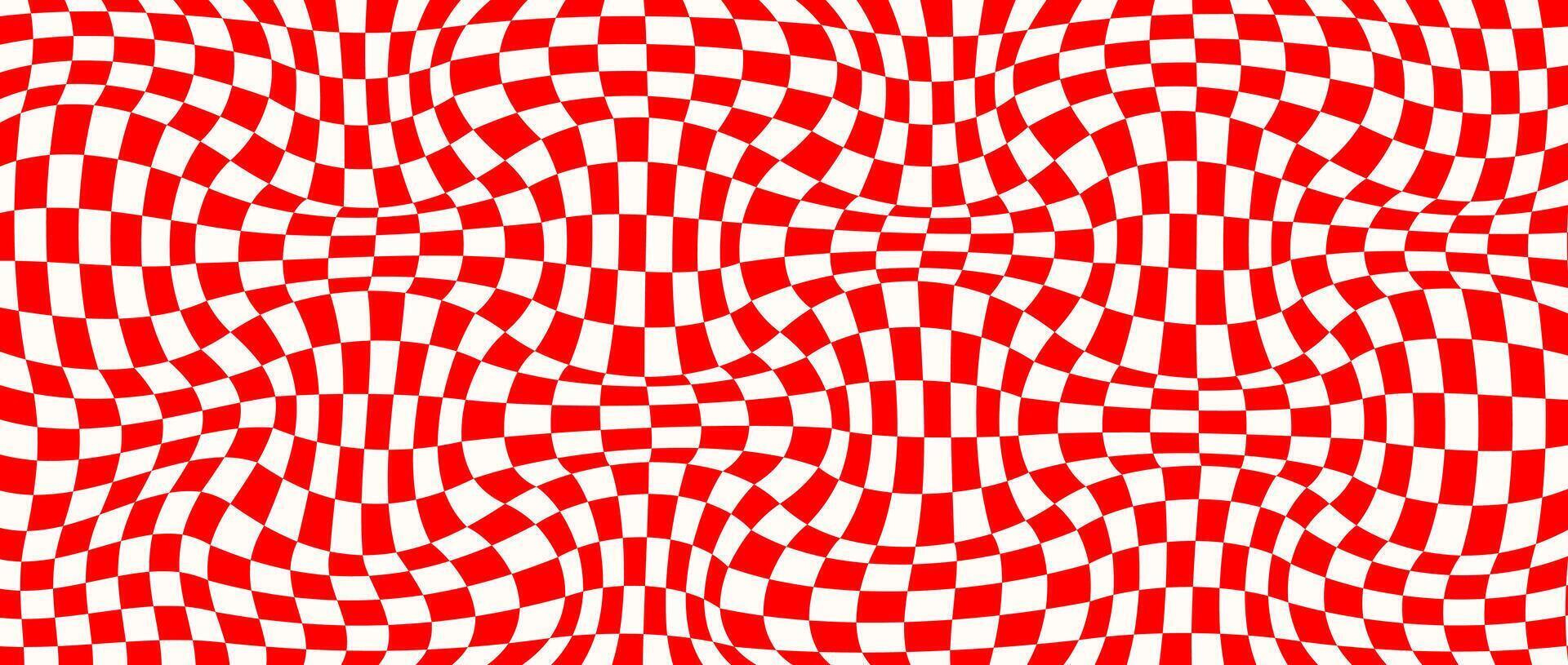 Red trippy checkerboard background. Retro psychedelic checkered wallpaper. Wavy groovy chessboard surface. Distorted geometric grid chess pattern. Abstract red and white race flag backdrop vector
