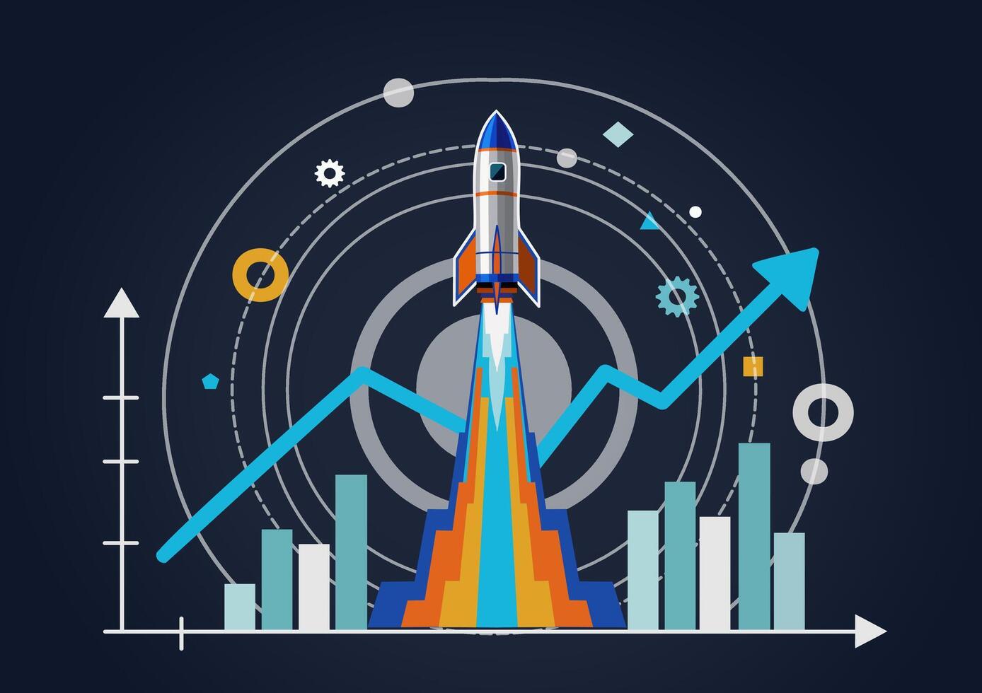Illustration of a rocket launching above rising bar charts and growth lines, representing startup success, business acceleration, innovation, performance boost, and strategic development. vector