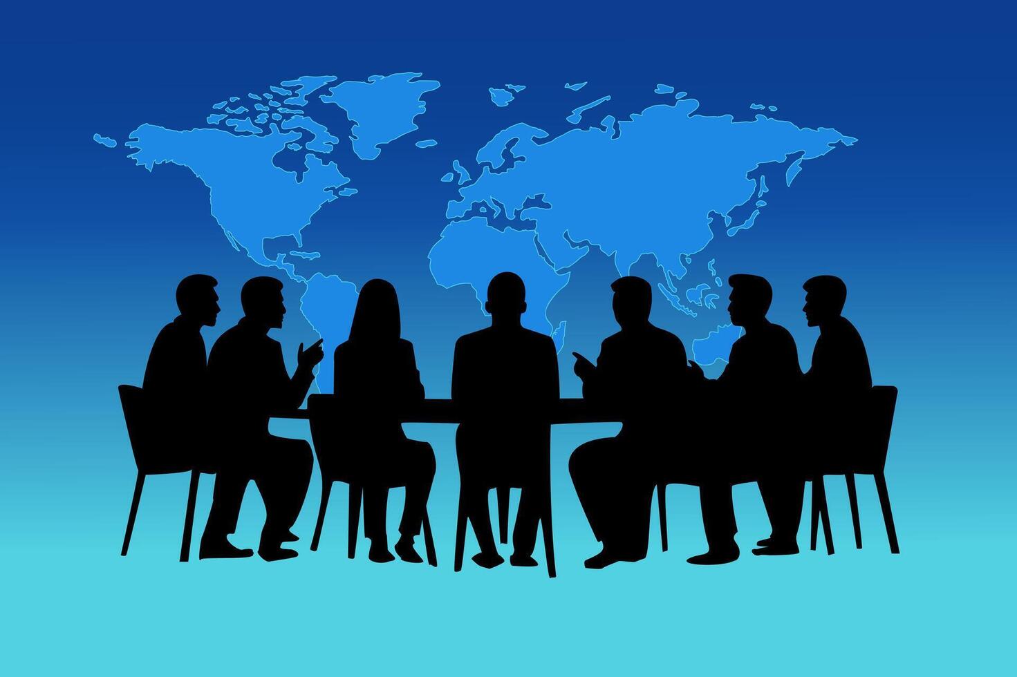 Silhouette of an international business team meeting around a table with a world map backdrop, representing global strategy, teamwork, leadership, corporate planning, and decision-making. vector