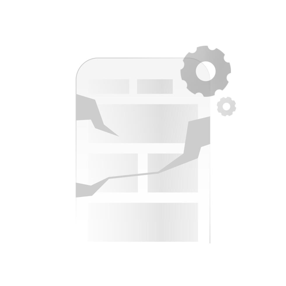 illustration of a cracked smartphone screen while loading with gears. app or website failure, system error, technical issue, or mobile device malfunction vector