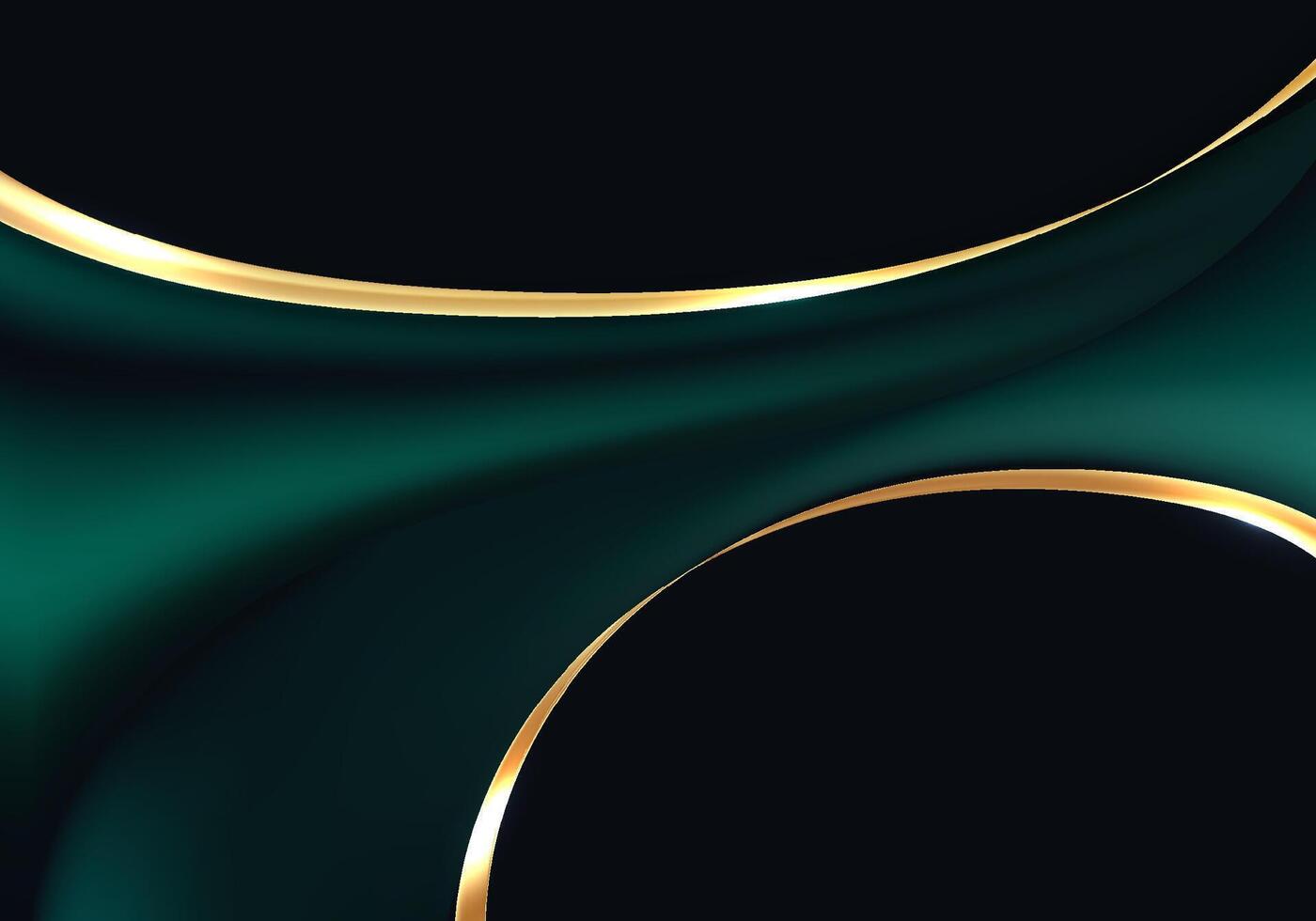 Abstract 3D liquid or fluid green emerald metallic color with lighting effect with golden ribbon lines isolated on black background vector