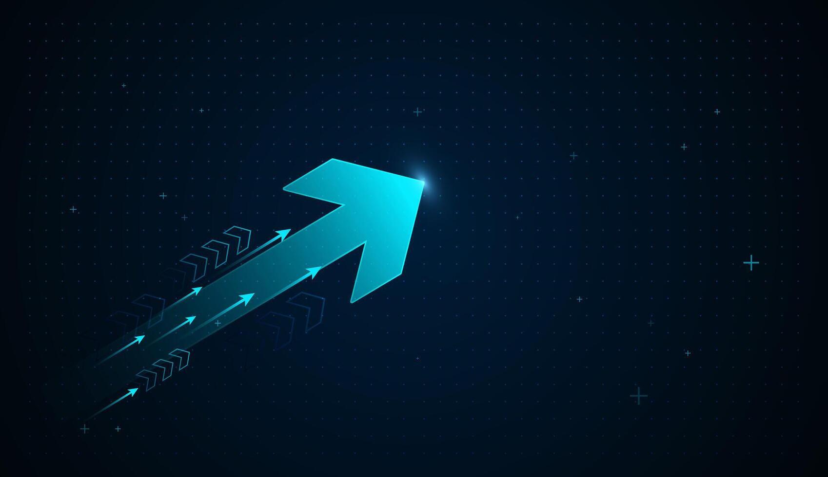 A bold, glowing turquoise arrow shoots upward across a dark digital background, symbolizing rapid technological progress. Smaller arrows trail behind, and forward momentum. vector