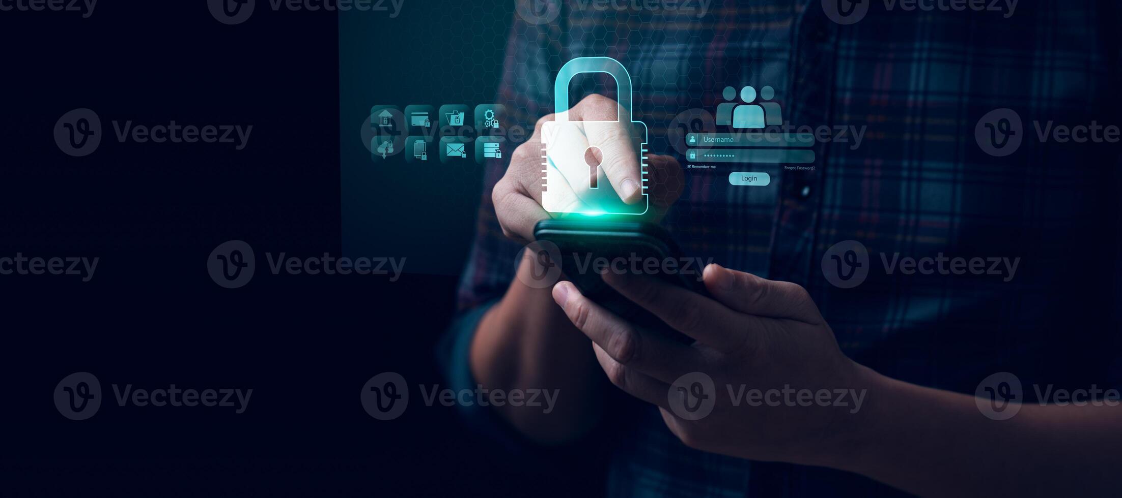 Cybersecurity login interface on smartphone screen with glowing padlock icon, showing secure access to digital services, online data protection, internet security, user authentication, privacy control photo