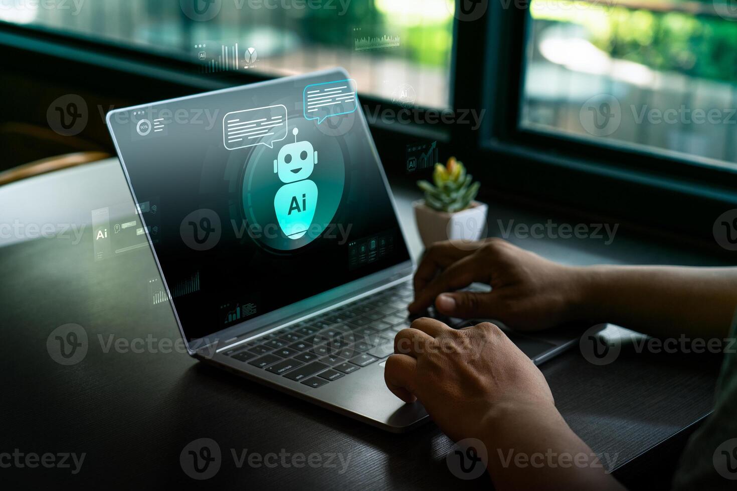 Artificial intelligence chatbot assistant on laptop computer with digital AI robot icon, virtual conversation technology, machine learning, customer support, automation, smart data analysis concept photo