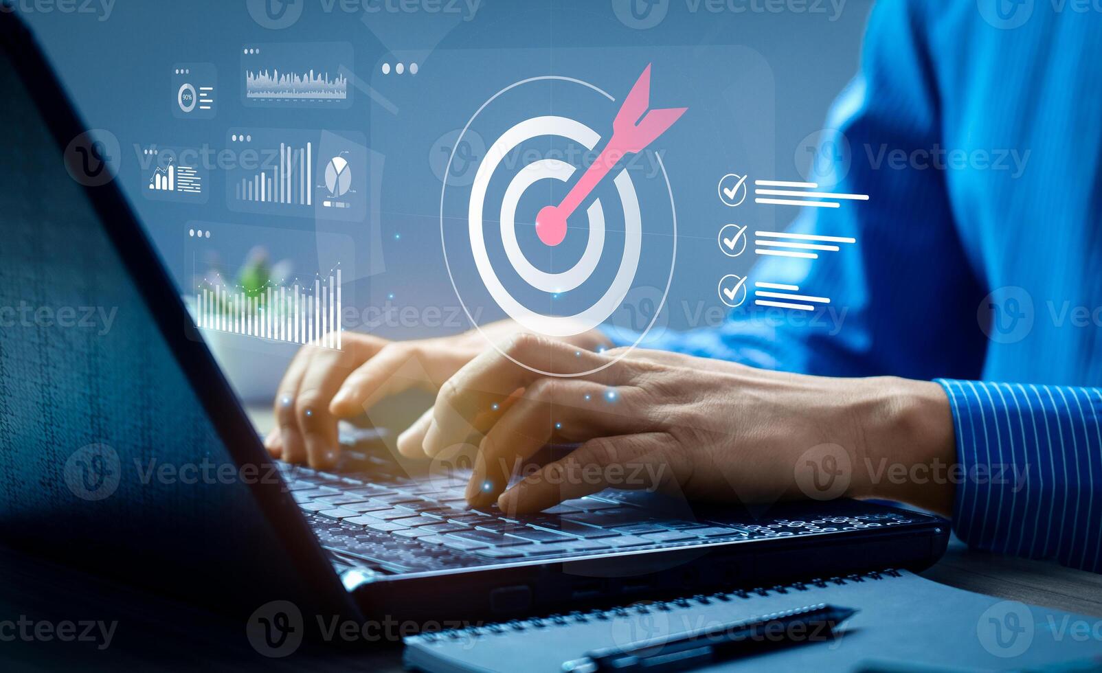 Business target achievement and goal setting strategy with digital checklist and data analytics, businessman working on laptop with financial report and planning concept for success in organization photo