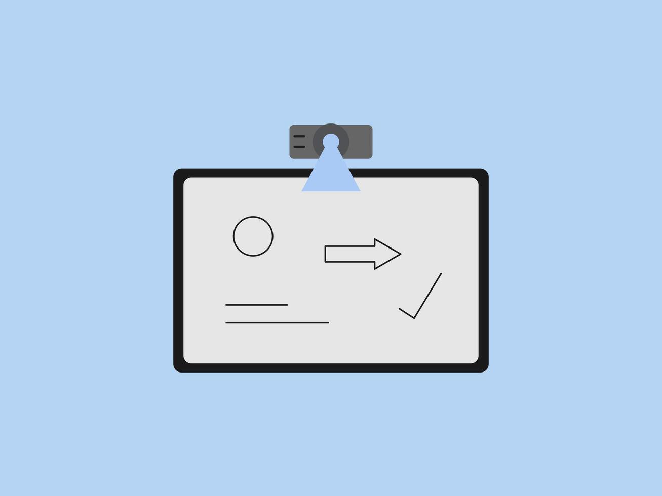 A projector shines light onto a large interactive smartboard displaying simple drawn shapes vector