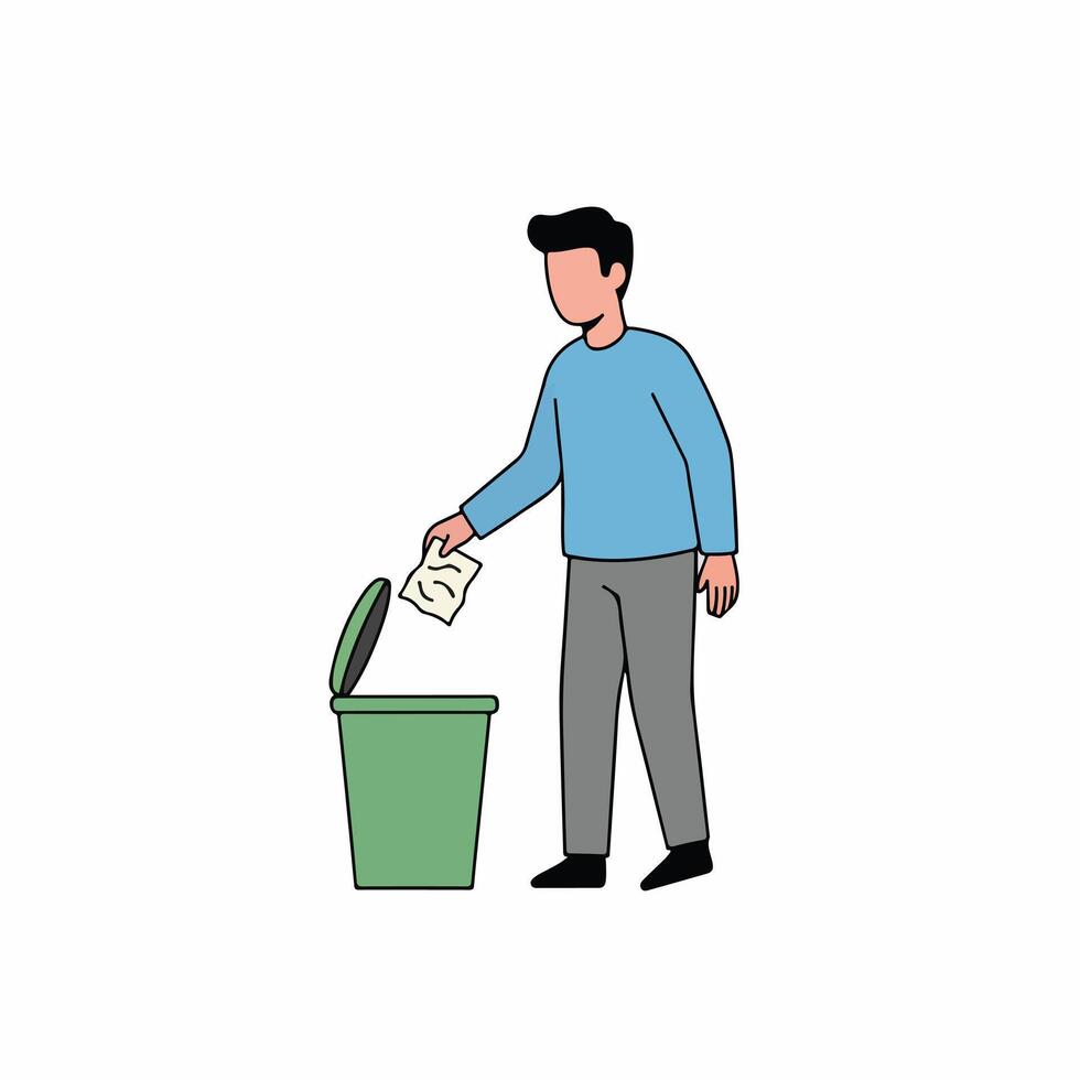 Man Throws Crumpled Paper in Bin for a Clean Environment vector