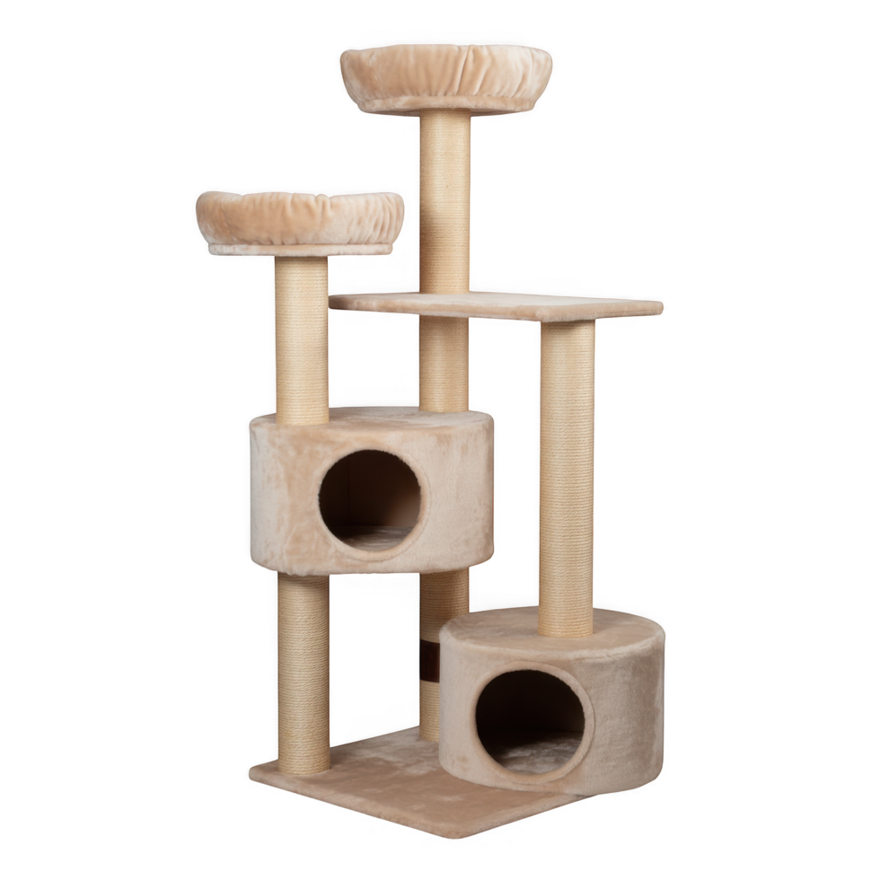 Multi level beige cat tree with scratching posts and platforms isolated on transparent background png