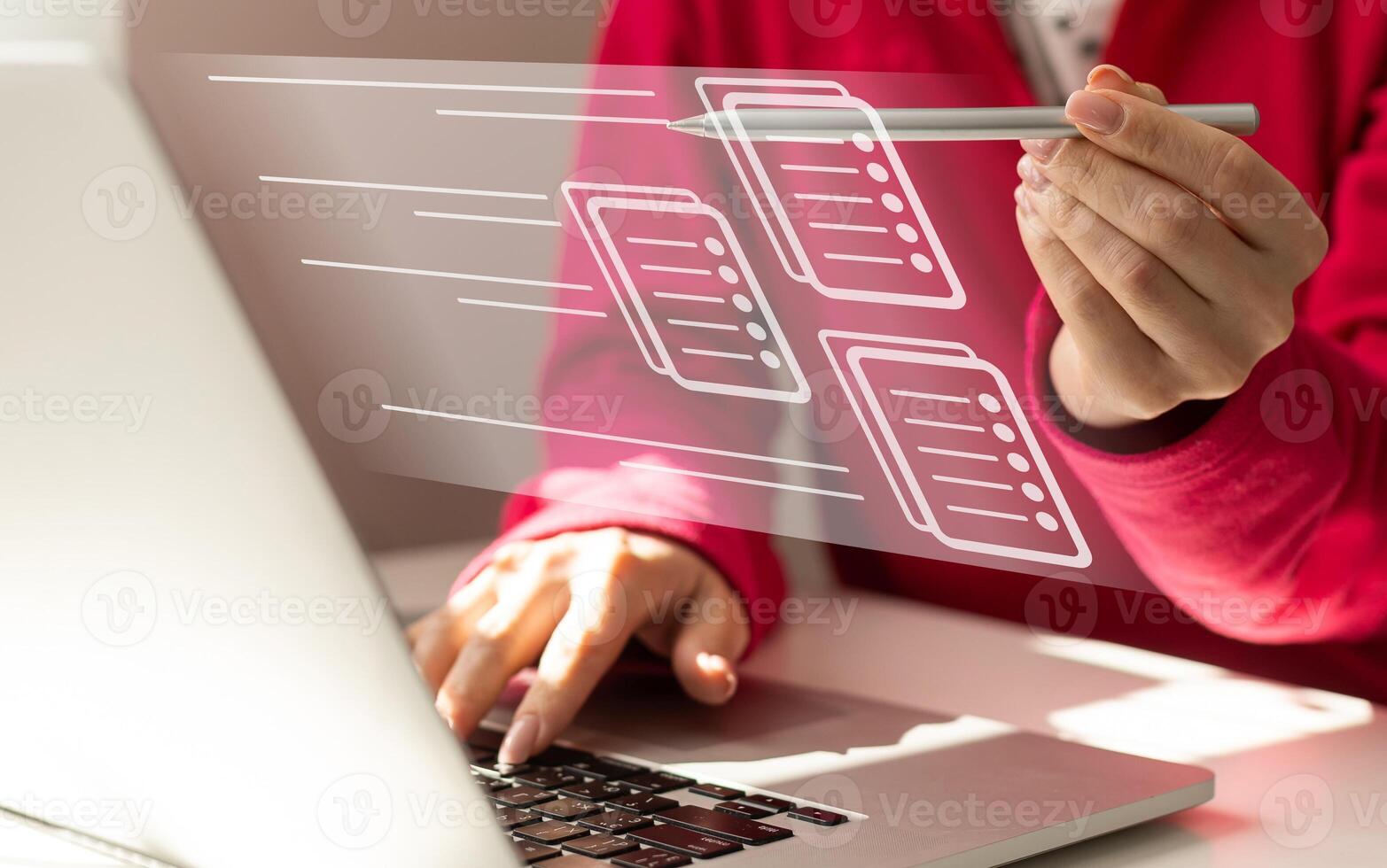 Process automation to efficiently manage files. Online documentation database and document management system concept. Businesswoman working on laptop with virtual screen photo