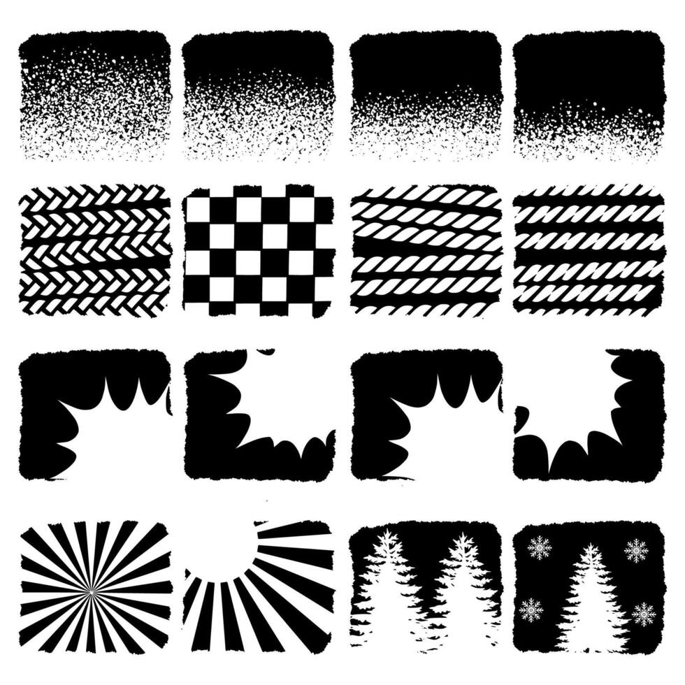 Grunge and distressed texture set. Textured stamp grunge pack. Set of halftone, retro, tire marks, and burst frames sketch style vector