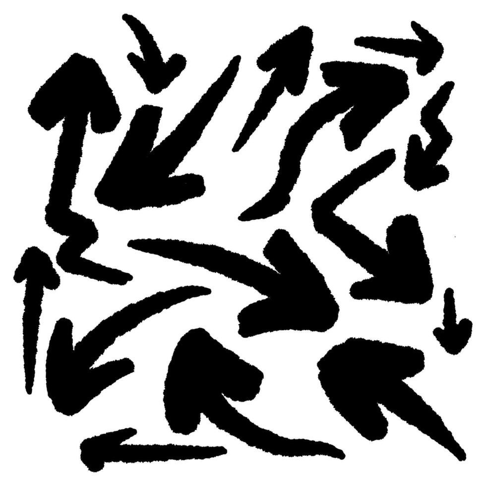 Directional arrow black paint set. Ink drawing grunge pointer. Isolated arrow bundle textured sketch style vector