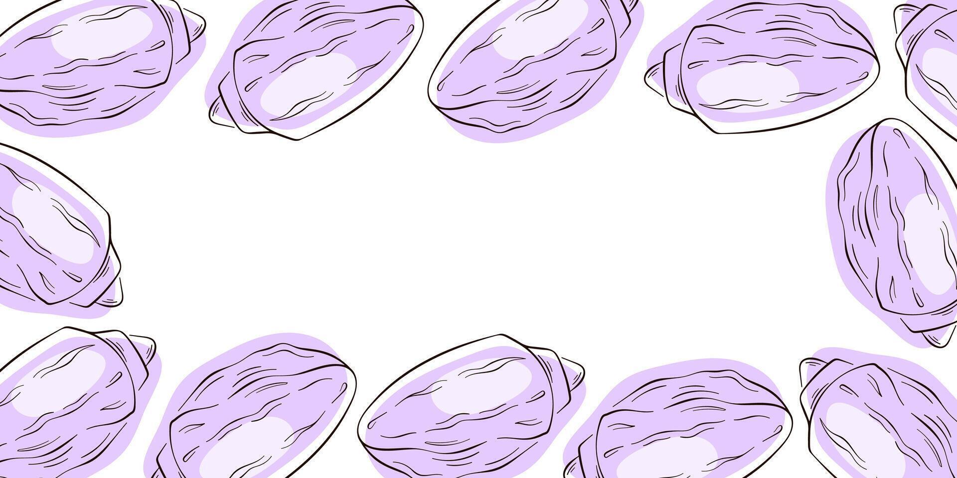 Border frame of purple seashell on a white background in flat style. Design with space for text in the center. vector