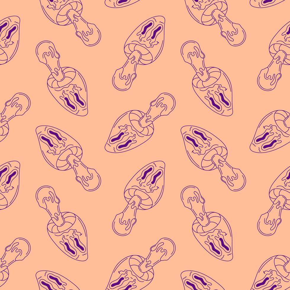 Seamless pattern of groovy style mushroom with melting shape on peach background. Cartoon character for modern design. vector