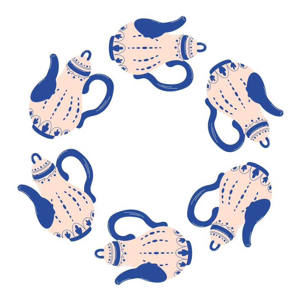 Wreath pattern of decorative blue teapot arranged in a ring on a white background in flat style. vector
