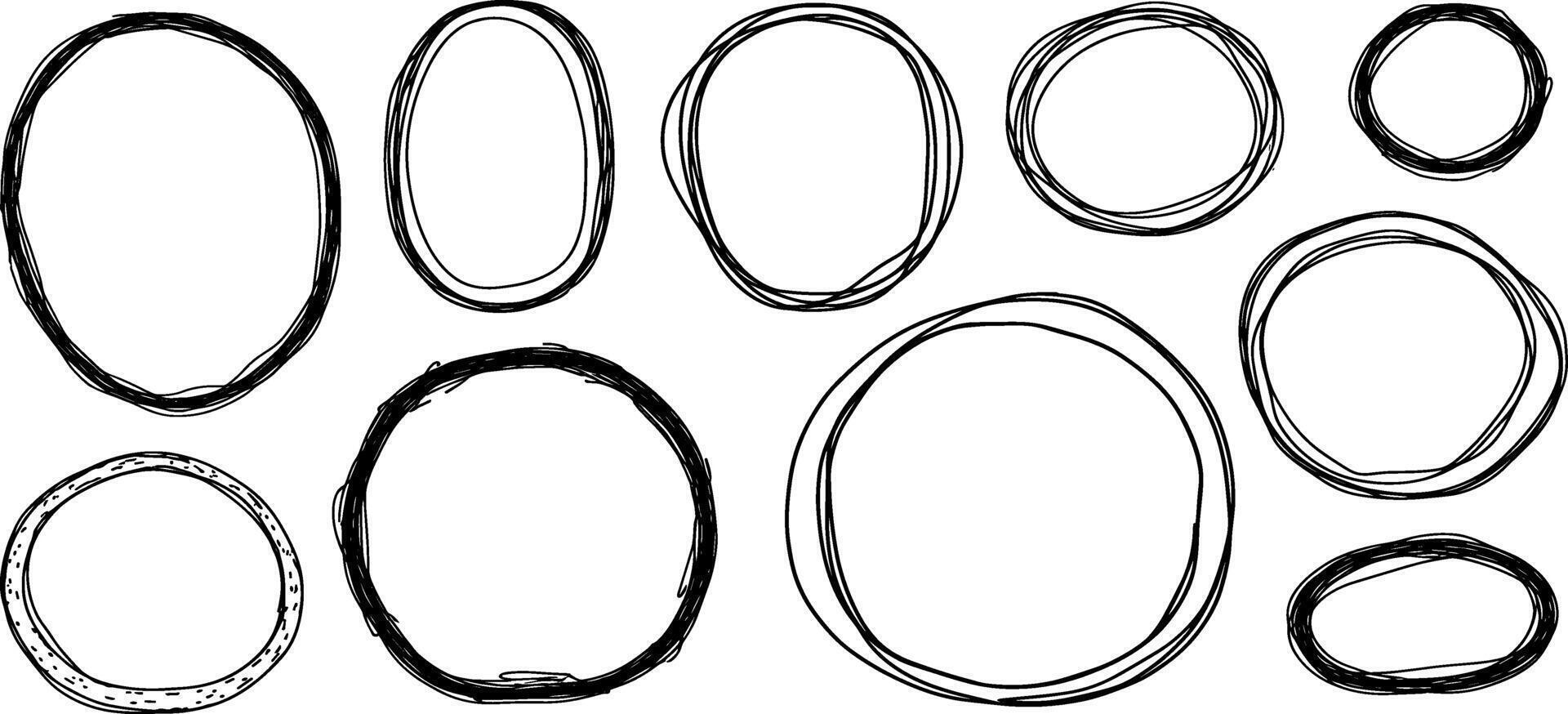 Hand-drawn collection of black sketchy scribble circles and ovals used as frames or design elements vector