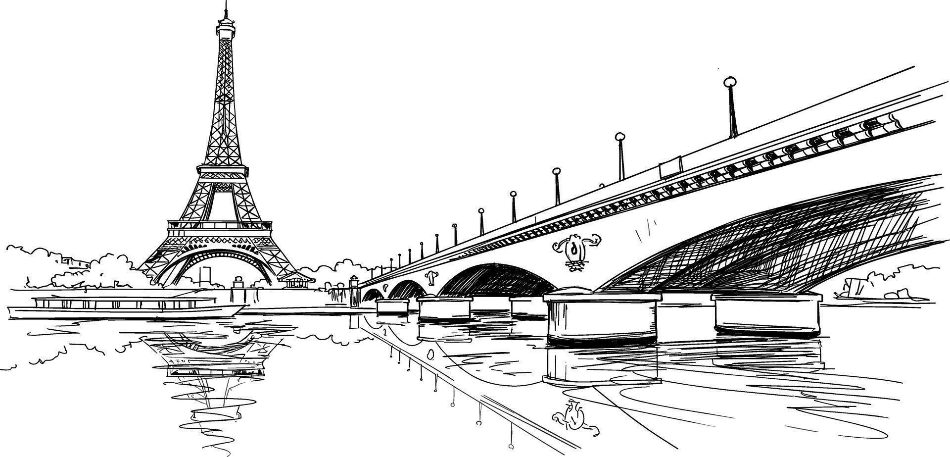 Parisian bridge illustration with Eiffel Tower view vector