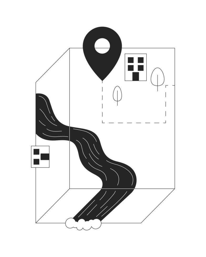 Riverfront map with location pinpoint 2D line object. Abstract isometric terrain with buildings, winding river and marker pin isolated clipart ink outline item. Monochrome spot illustration vector
