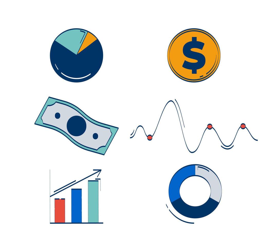 Business and finance data 2D doodle objects set. Donut pie chart. Line graph. Financial cartoon elements flat cliparts isolated on white background. Hand drawn illustrations collection vector