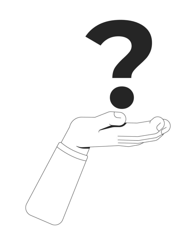 Human hand holding floating question mark outline illustration. Brainstorming problem solving. Doubt symbol. Ask inquiry isolated 2D image black and white. Linear drawing clip art vector