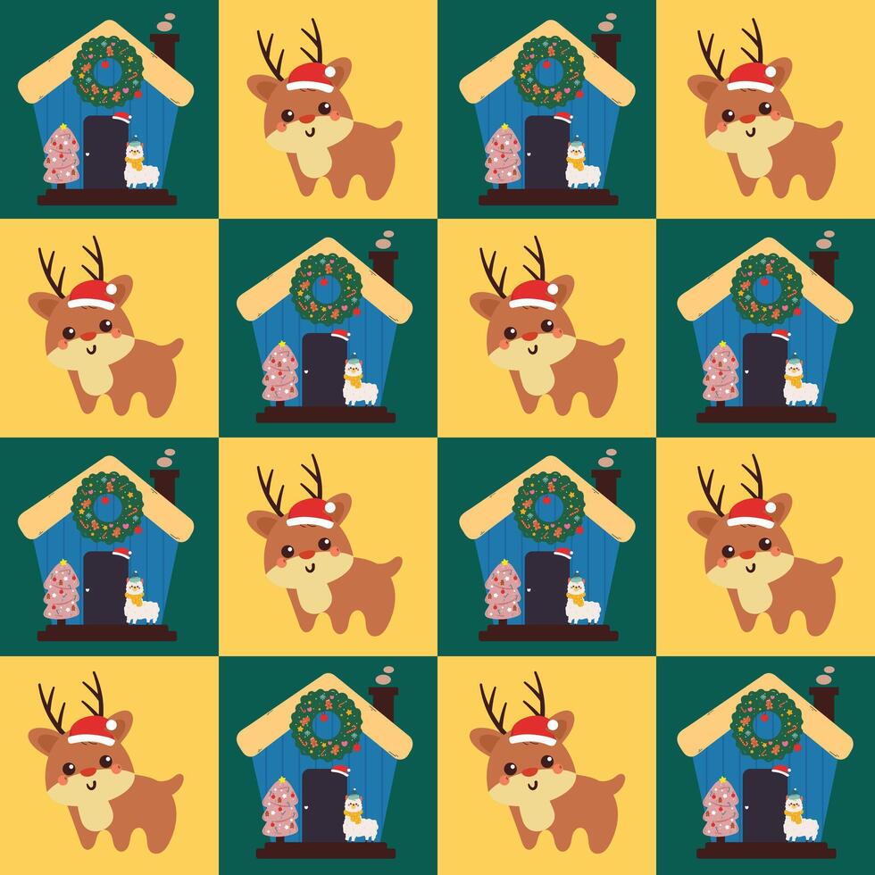 Reindeer and doghouse festive pattern vector