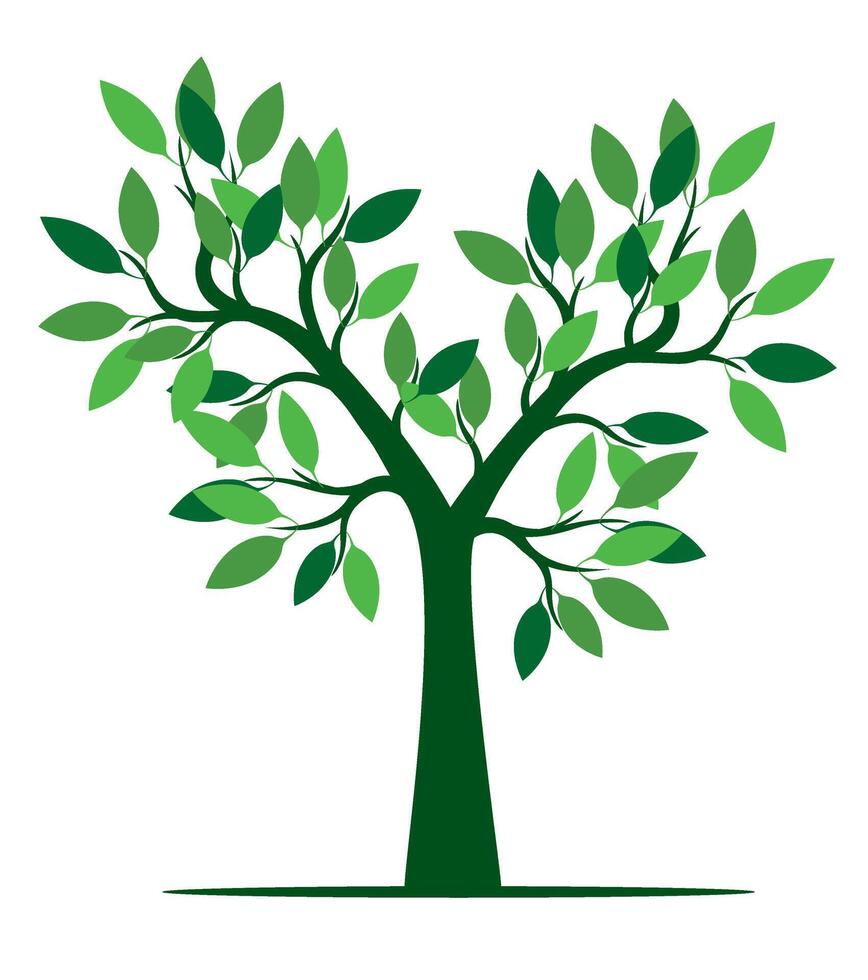 Tree drawn by hand. Green leaves on branches and curved trunk. vector