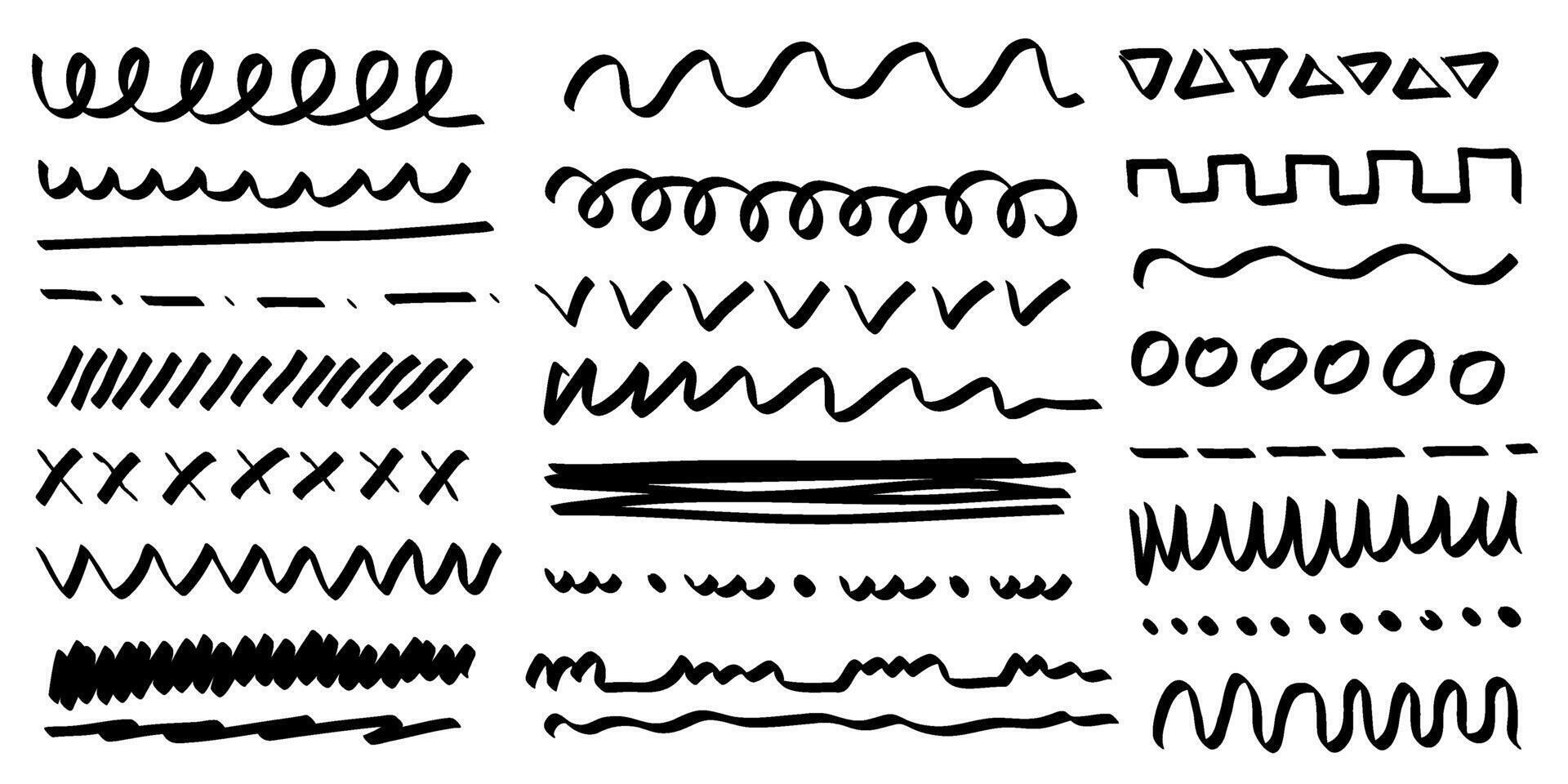 Collection of hand-drawn lines, dividers, and borders in various styles including squiggles, dashes, waves, and marker strokes in black on white background vector