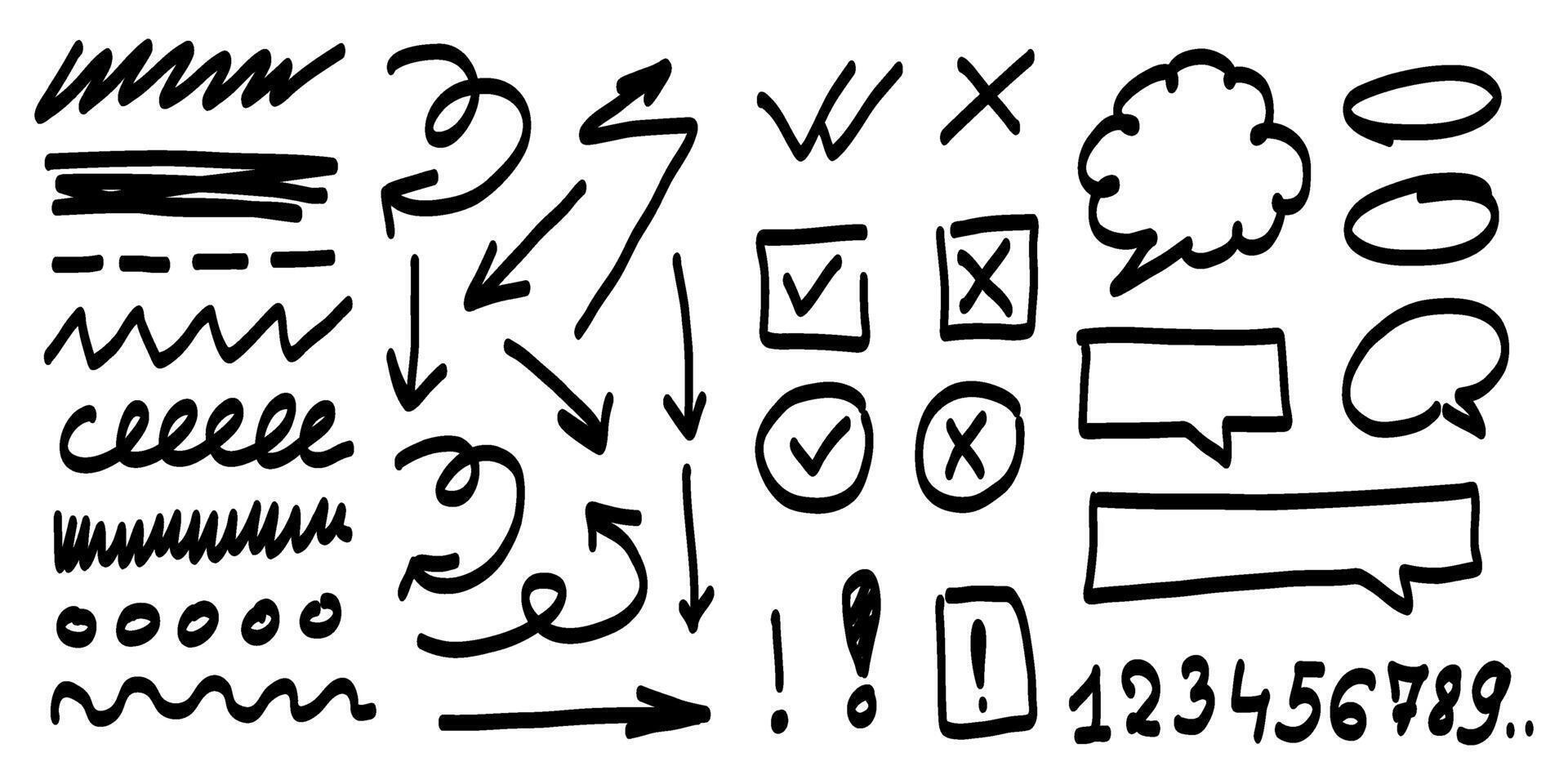 Hand-drawn set of black symbols including arrows, lines, check marks, numbers, exclamation points, and various speech bubbles in sketch style on white background vector