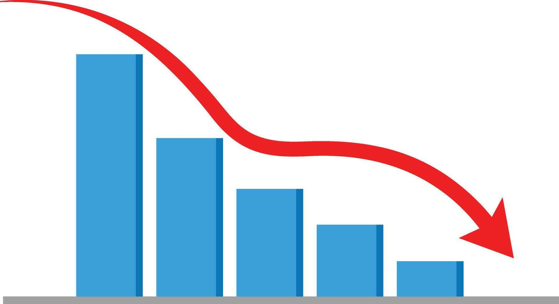Blue bar graph with red downward trending arrow and white background bar chart decline vector