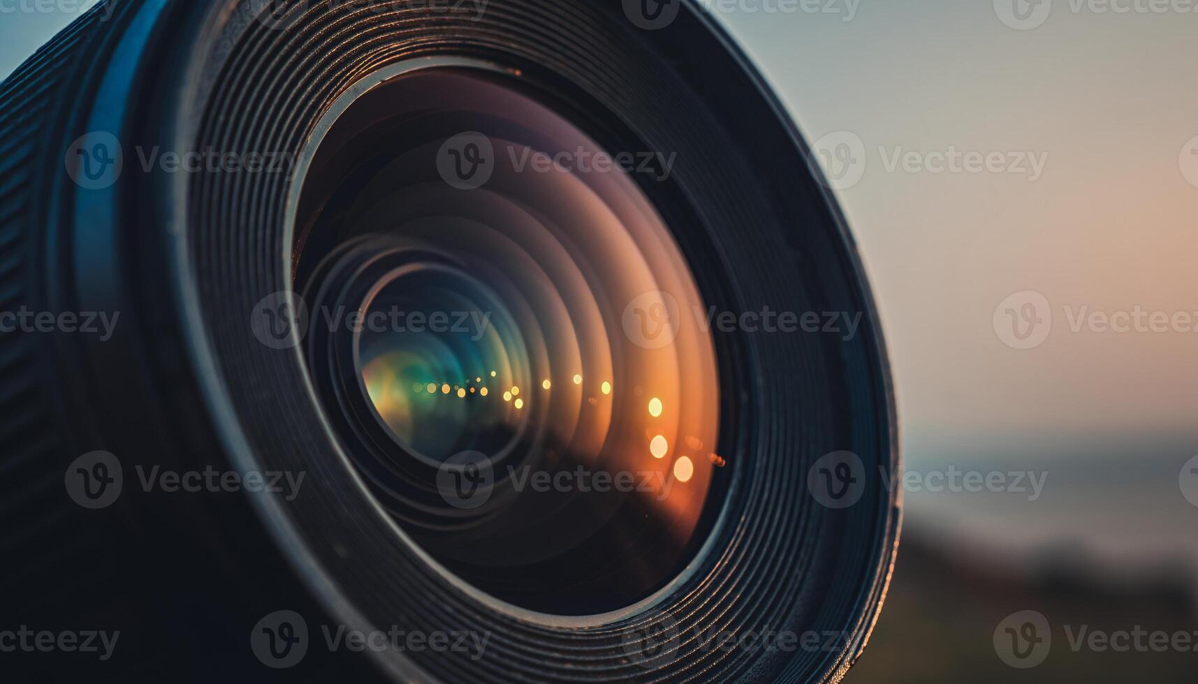 Close Up of Camera Lens with Light Reflections and Sunset in Background photo