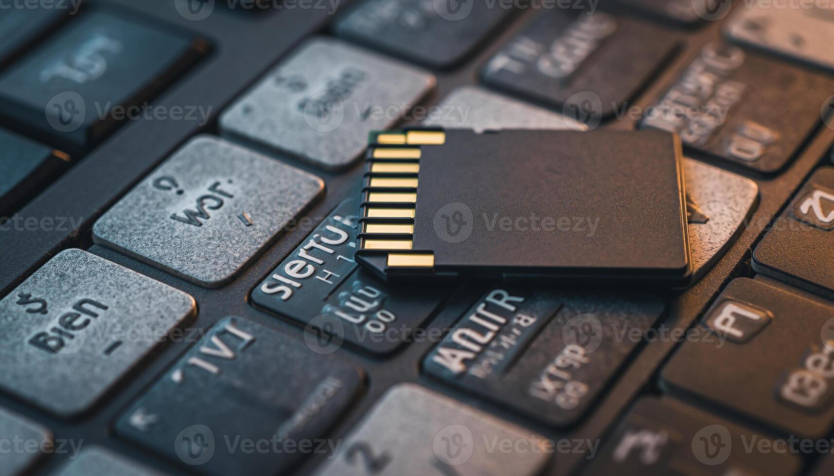 Close-up of a Microsd Card on a Computer Keyboard with Gray and Black Keys and French Language Labels photo
