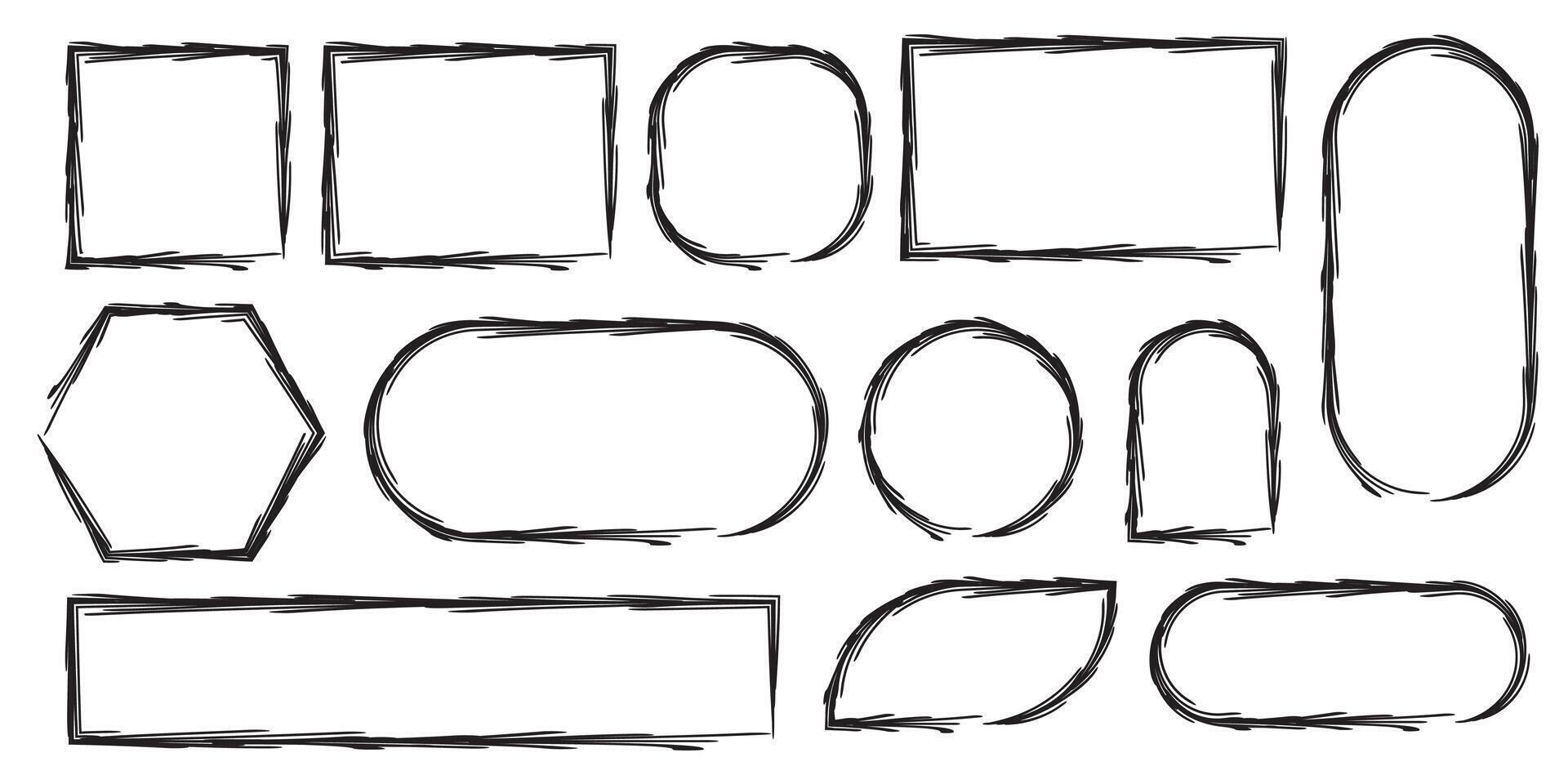 A set of hand-drawn frames. A collection of rectangular, square, and round geometric shapes. Text boxes with textured doodle outlines. vector