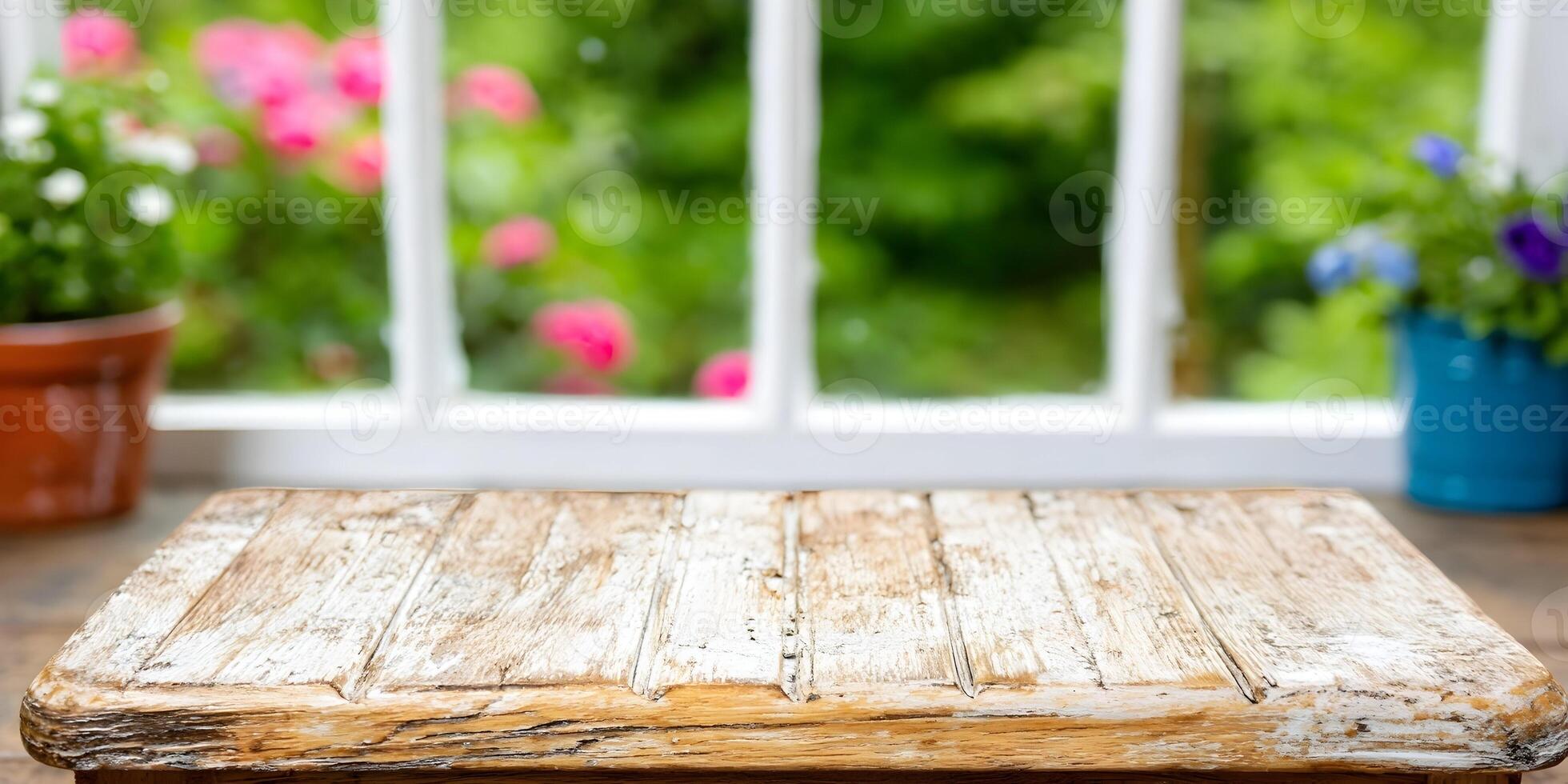 An empty rustic wooden table stands in front of a blurred window view of a vibrant green garden with colorful flowers and potted plants photo