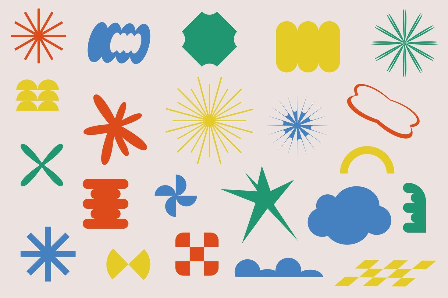 Colorful collection of abstract geometric shapes in playful style. Set includes stars, bursts, forms, clouds, and abstract shapes. vector